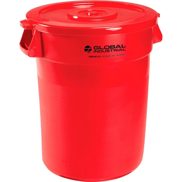 Global Industrial Plastic Trash Can with Lid, 32 Gallon Red 240460RDCL - main